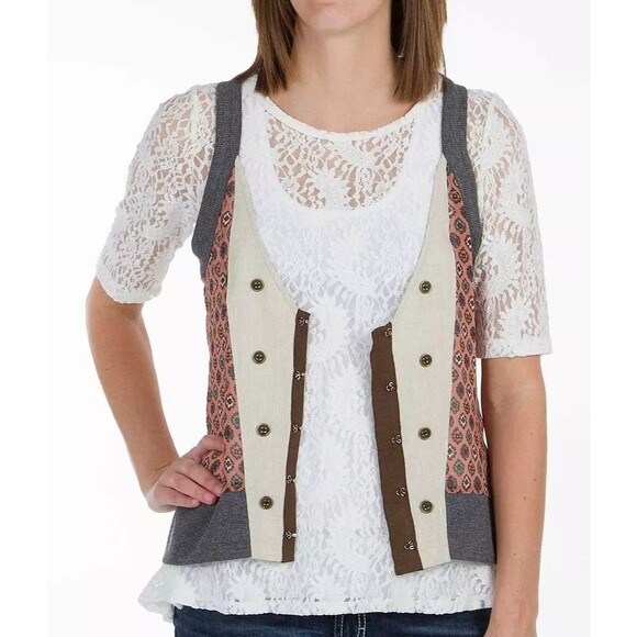 Gimmicks by BKE Pieced Vest Size M Lace Back Linen Printed Multicolor - Picture 1 of 10